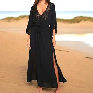 L'Agence Deanna Embellished Cover-Up Dress Black Maxi Beaded Sheer Leaves S NEW